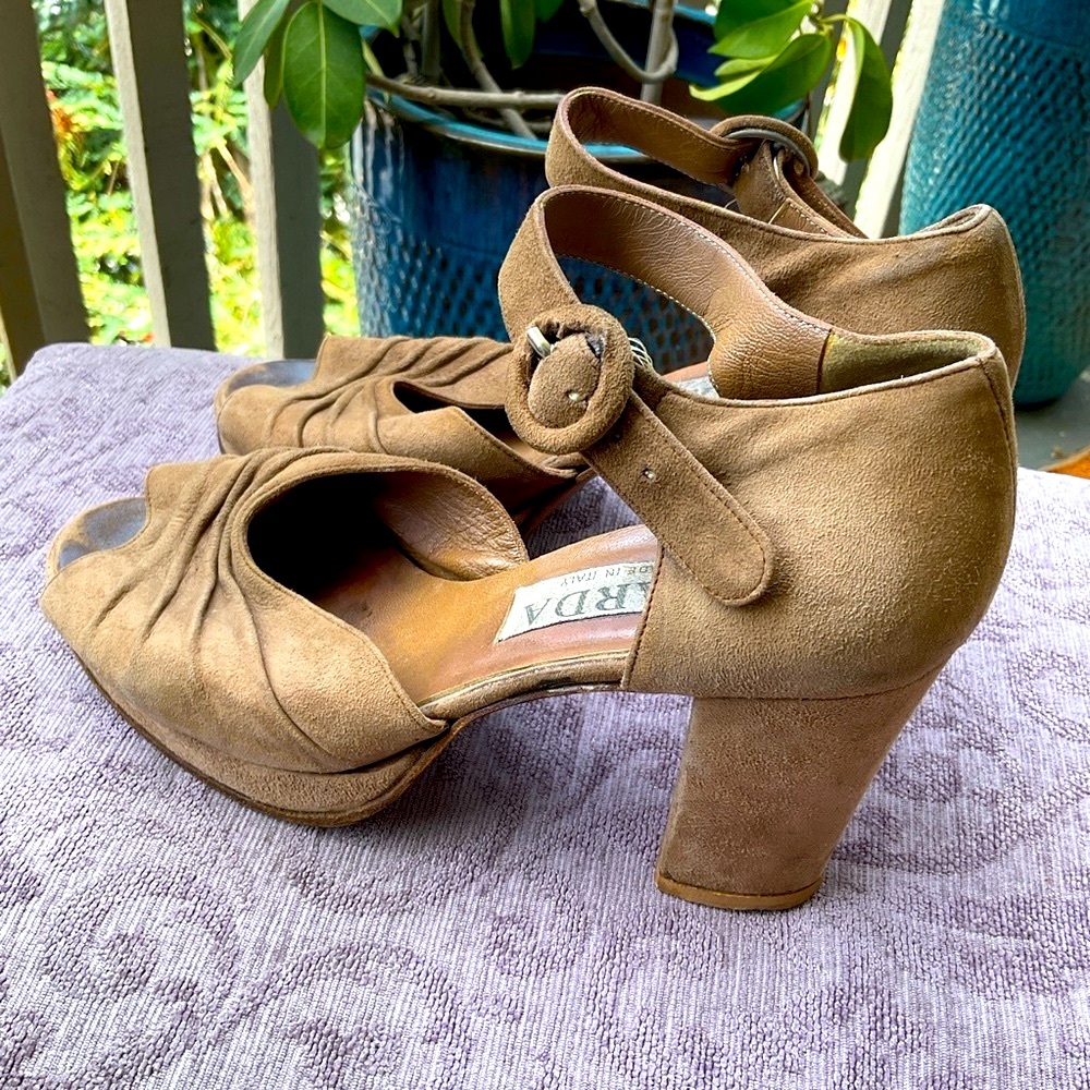 Varda Tan Suede Peep-Toe Heels